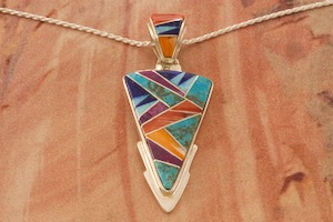 Calvin Begay Genuine Spiny Oyster Shell and Turquoise Sterling Silver Arrowhead Pendant